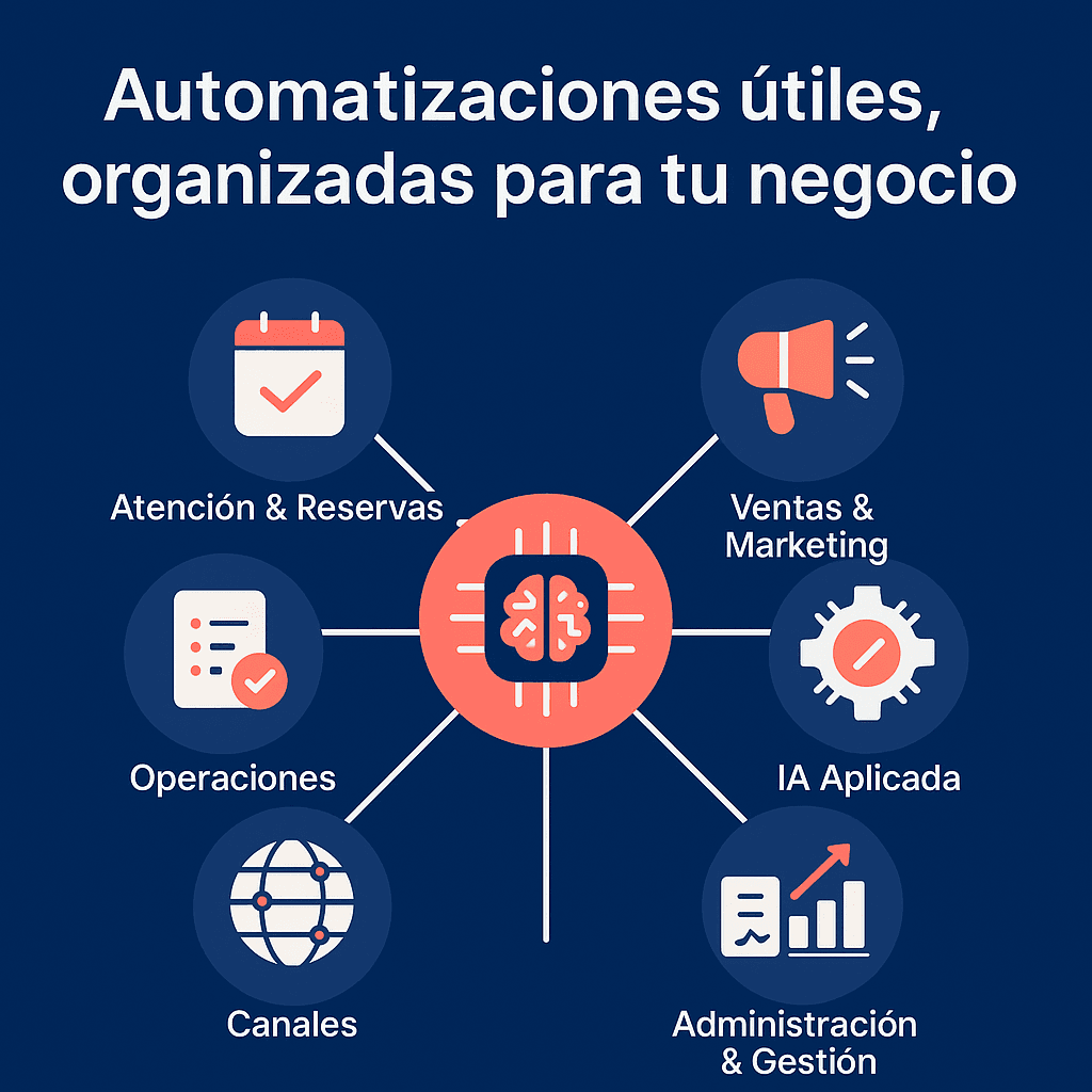 Automatizaciones — Reservas, ventas, IA y gestión | MargestPro Automatizaciones útiles para pymes y hostelería: reservas, ventas, operaciones, IA y gestión. Segmentadas por categorías para encontrar lo que tu negocio necesita, con enlaces directos a AutomatizaLider.com.