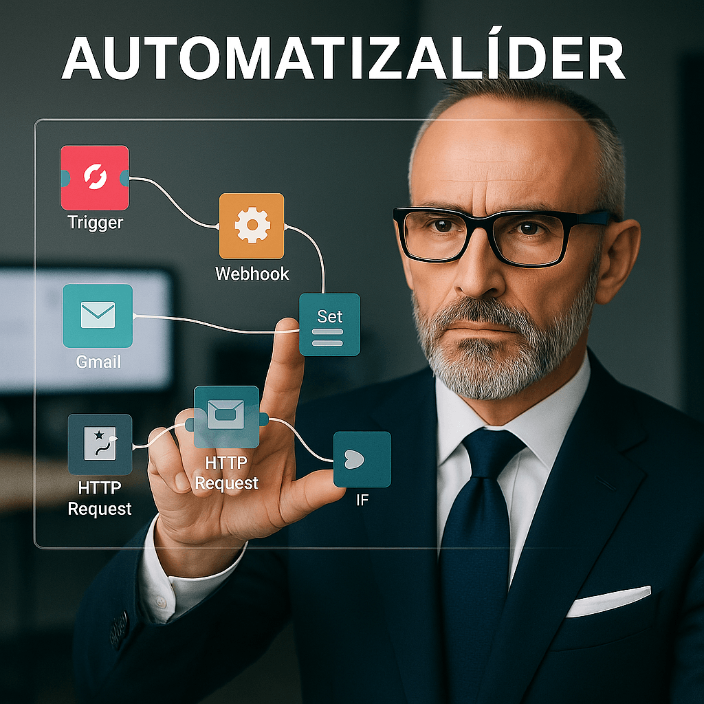Fotografía real de un programador interactuando con una pantalla táctil transparente mientras diseña un workflow en n8n. Representa la esencia de AutomatizaLíder: automatización clara, visual y eficaz