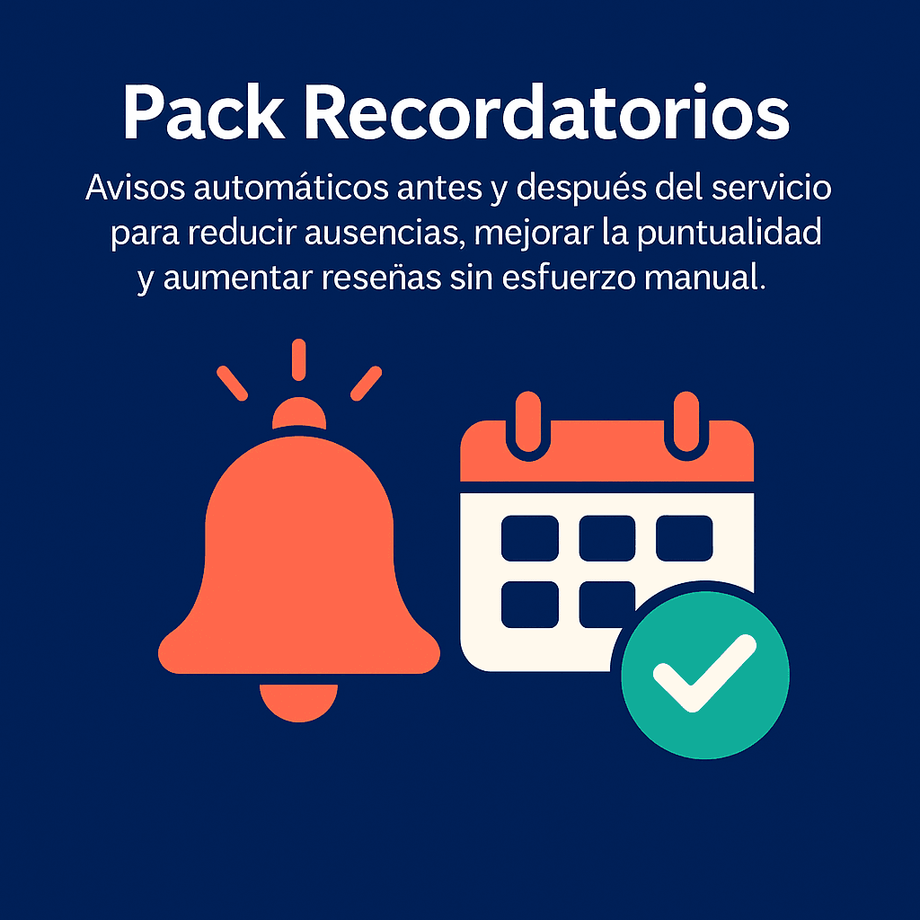 Reduce ausencias y fideliza clientes con el Pack Recordatorios de MargestPro. Avisos previos y post-servicio automatizados con IA y WhatsApp.