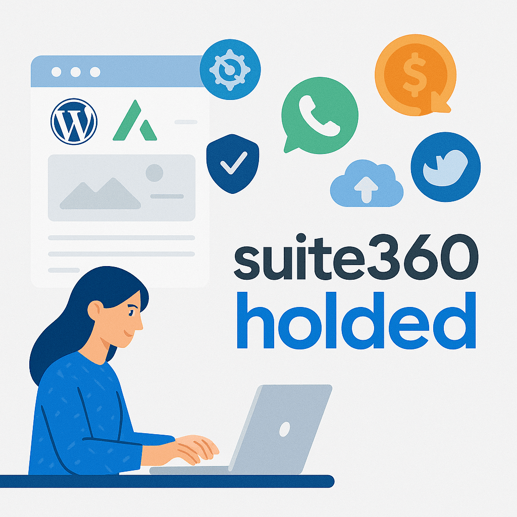 Descubre todo lo que incluye Suite360Holded: web profesional con WordPress + Avada, Holded Enterprise, automatizaciones premium, chat 24/7, analítica GA4/GTM, legales y soporte completo.